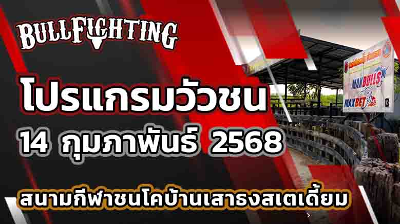 โปรแกรมวัวชน สนามกีฬาชนโคบ้านเสาธงสเตเดี้ยม วันที่ 14 ก.พ. 68 เว็บไซต์ : Bullfighting.Bet