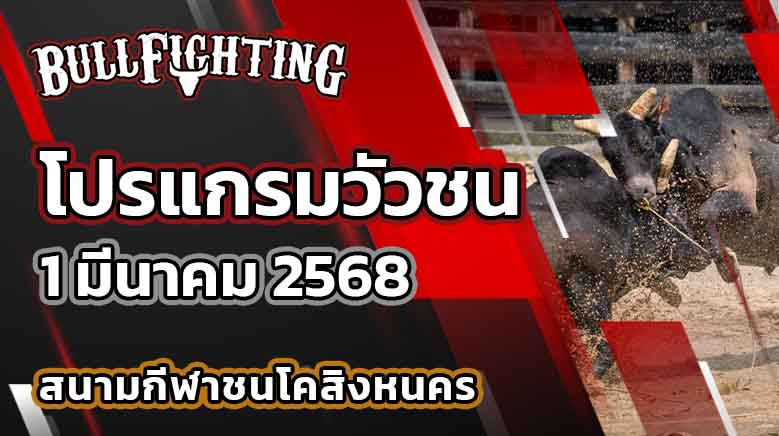 โปรแกรมวัวชน สนามกีฬาชนโคสิงหนคร 1 มีนาคม 2568 เว็บไซต์ : Bullfighting.bet