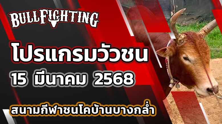 โปรแกรมวัวชน 15 มีนาคม 2568 สนามชนโคบ้านบางกล่ำ เว็บไซต์ : Bullfighting.bet