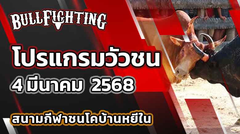 โปรแกรมวัวชน สนามกีฬาชนโคบ้านหยีใน 4 มีนาคม 2568 เว็บไซต์ : Bullfighting.bet