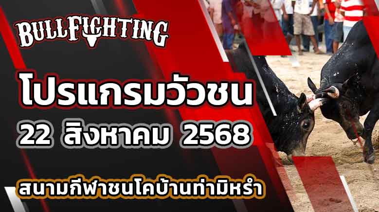 โปรแกรมวัวชน สนามกีฬาชนโคบ้านท่ามิหรำ 22 สิงหาคม 2568 เว็บไซต์ : Bullfighting.bet