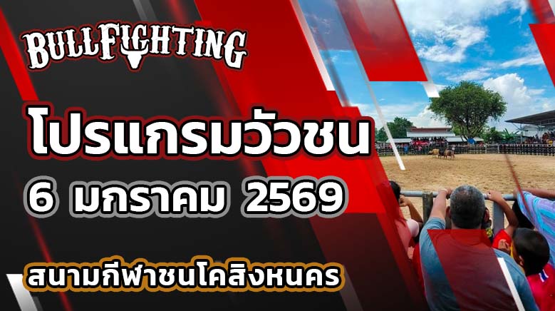 โปรแกรมวัวชน สนามกีฬาชนโคสิงหนคร วันที่ 6 มกราคม 2569 เว็บไซต์ : Bullfighting.bet