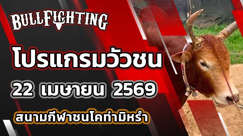 โปรแกรมวัวชน สนามกีฬาชนโคท่ามิหรำ วันที่ 22 เมษายน 2569 เว็บไซต์ : Bullfighting.Bet