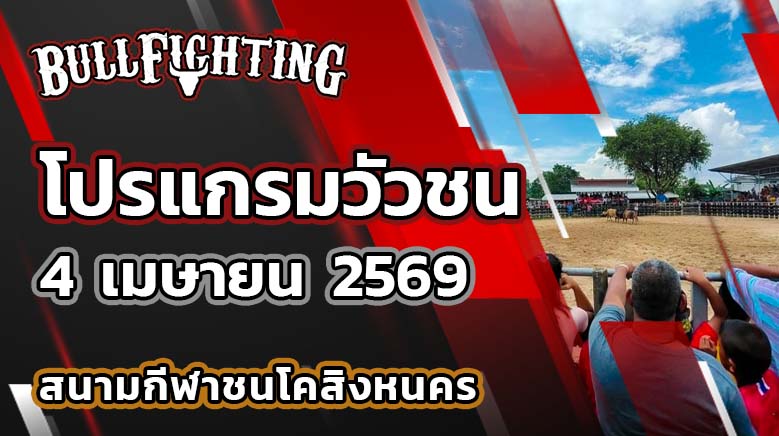 โปรแกรมวัวชน สนามกีฬาชนโคสิงหนคร วันที่ 4 เมษายน 2569 เว็บไซต์ : Bullfighting.bet