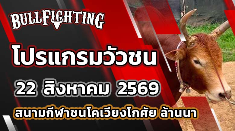 โปรแกรมวัวชน สนามกีฬาชนโคเวียงโกศัยล้านนา วันที่ 22 สิงหาคม 2569 เว็บไซต์ : Bullfighting.Bet