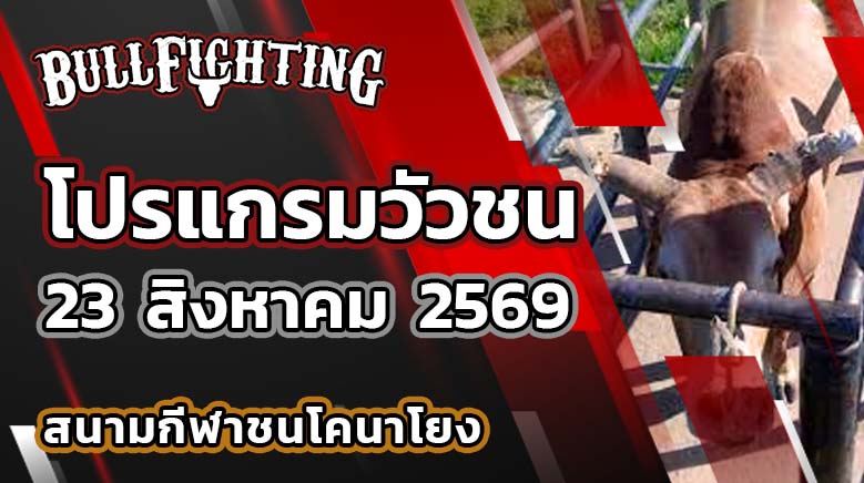 โปรแกรมวัวชน สนามกีฬาชนโคนาโยง วันที่ 23 สิงหาคม 2569 เว็บไซต์: Bullfighting.bet