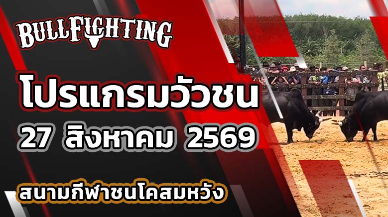 โปรแกรมวัวชน สนามกีฬาชนโคสมหวังสเตเดี้ยม วันที่ 27 สิงหาคม 2569 เว็บไซต์: Bullfighting.bet