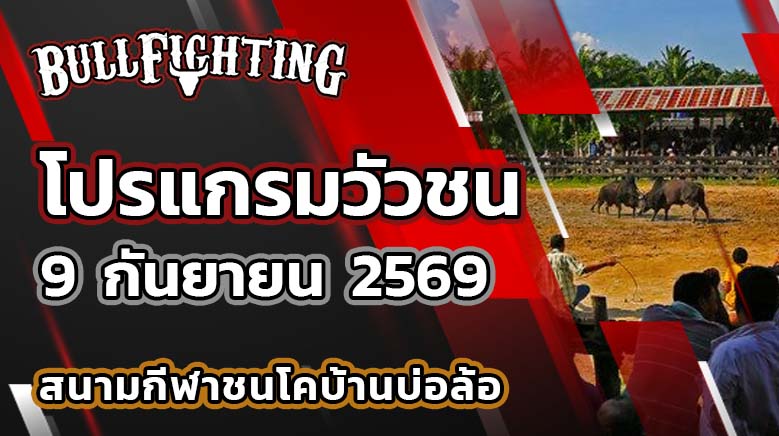 โปรแกรมวัวชน สนามกีฬาชนโคบ้านบ่อล้อ วันที่ 9 กันยายน 2569 เว็บไซต์: Bullfighting.bet